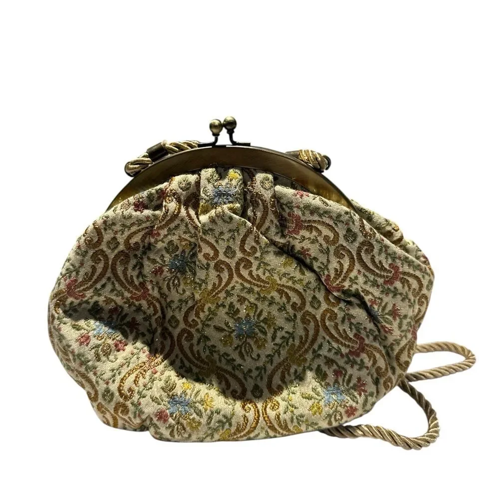 Talbots Vintage 1970 Floral Brocade Evening Bag Gold Rope Strap Clutch Purse